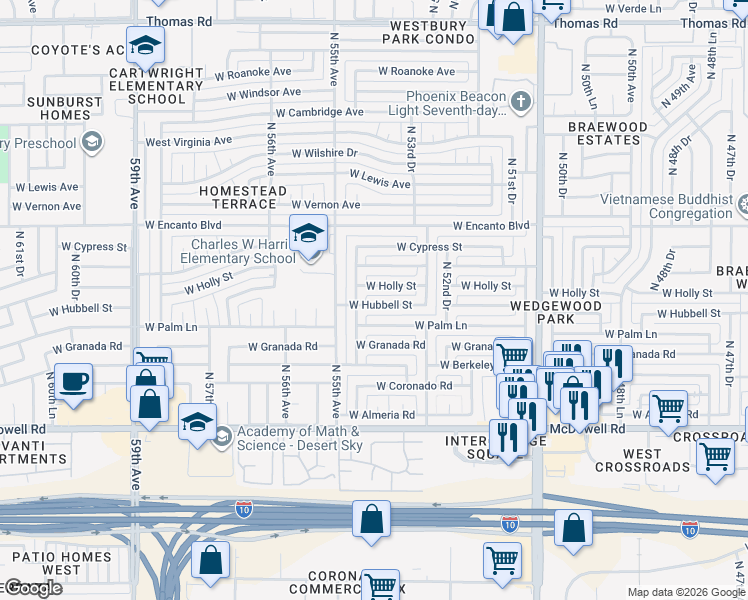 map of restaurants, bars, coffee shops, grocery stores, and more near 5407 West Holly Street in Phoenix