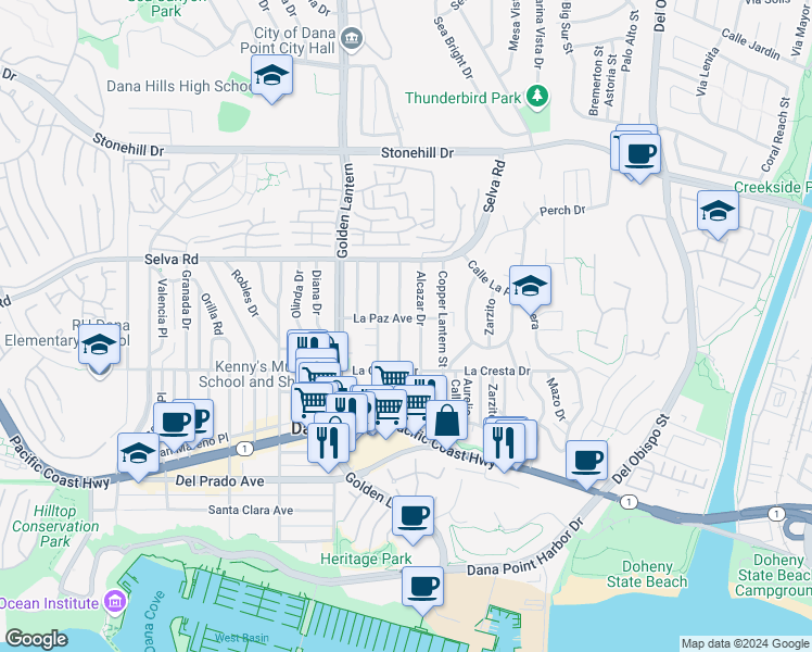map of restaurants, bars, coffee shops, grocery stores, and more near 33882 Malaga Drive in Dana Point