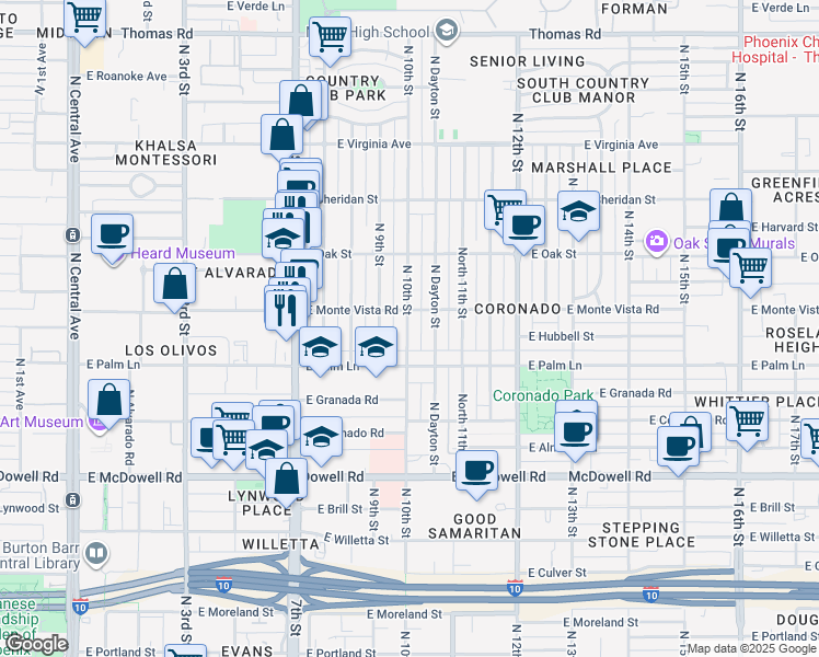 map of restaurants, bars, coffee shops, grocery stores, and more near 2045 North 10th Street in Phoenix