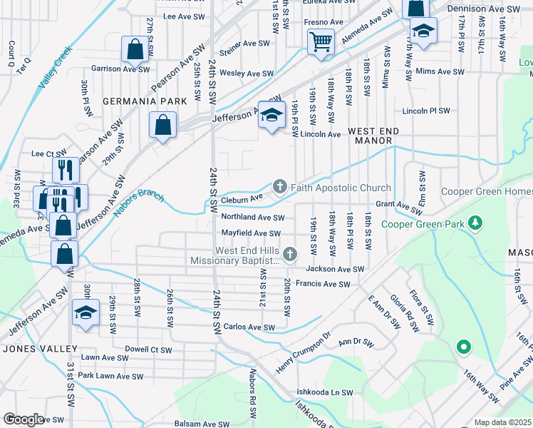 map of restaurants, bars, coffee shops, grocery stores, and more near 2028 Northland Avenue Southwest in Birmingham