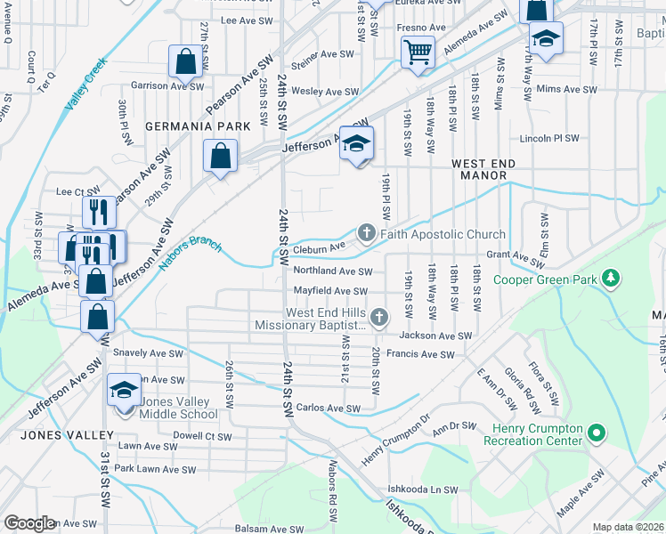 map of restaurants, bars, coffee shops, grocery stores, and more near 2112 Northland Avenue Southwest in Birmingham