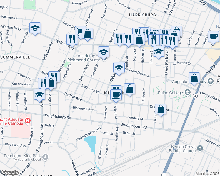 map of restaurants, bars, coffee shops, grocery stores, and more near 1004 Baker Avenue in Augusta