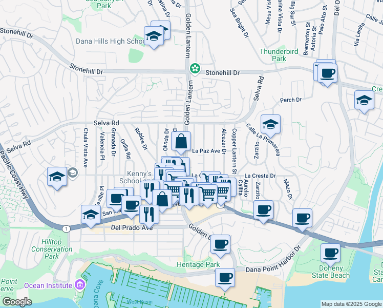 map of restaurants, bars, coffee shops, grocery stores, and more near 24762 La Paz Avenue in Dana Point