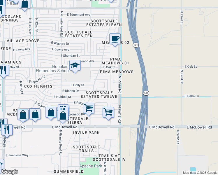 map of restaurants, bars, coffee shops, grocery stores, and more near 2202 North 87th Place in Scottsdale