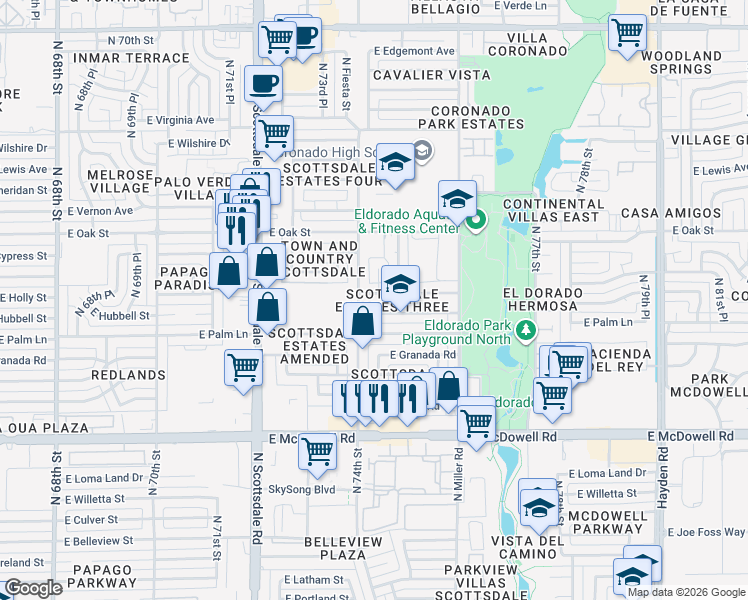 map of restaurants, bars, coffee shops, grocery stores, and more near 7416 East Holly Street in Scottsdale