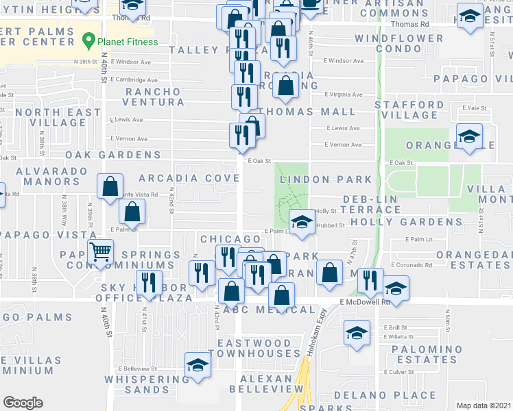 map of restaurants, bars, coffee shops, grocery stores, and more near 2121 North 44th Street in Phoenix