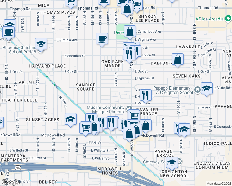 map of restaurants, bars, coffee shops, grocery stores, and more near 3101 East Monte Vista Road in Phoenix
