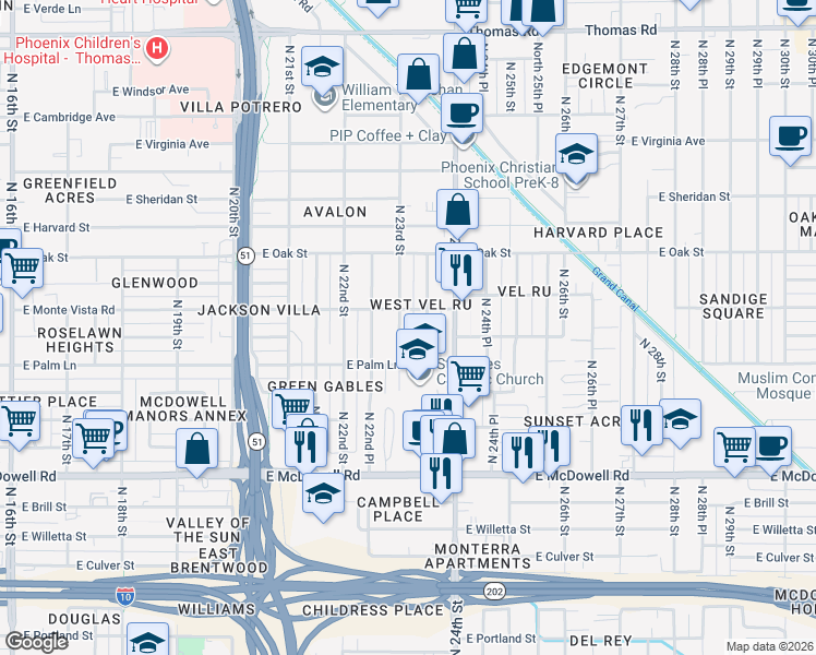 map of restaurants, bars, coffee shops, grocery stores, and more near 2045 North 23rd Street in Phoenix