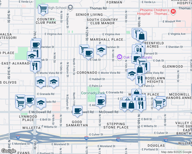 map of restaurants, bars, coffee shops, grocery stores, and more near 2034 North 13th Street in Phoenix
