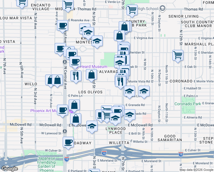 map of restaurants, bars, coffee shops, grocery stores, and more near 341 East Monte Vista Road in Phoenix