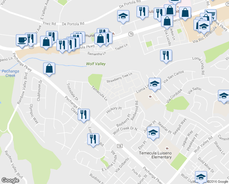 map of restaurants, bars, coffee shops, grocery stores, and more near 31140 Sunflower Way in Temecula