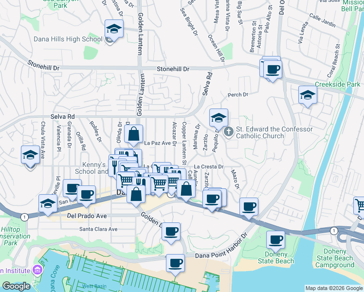 map of restaurants, bars, coffee shops, grocery stores, and more near 33862 Alcazar Drive in Dana Point