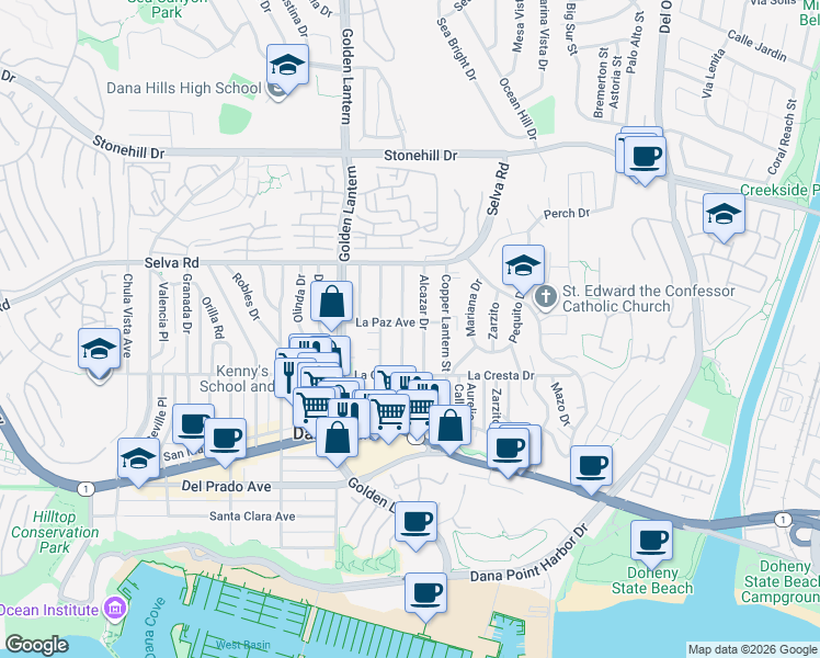 map of restaurants, bars, coffee shops, grocery stores, and more near 33862 Alcazar Drive in Dana Point