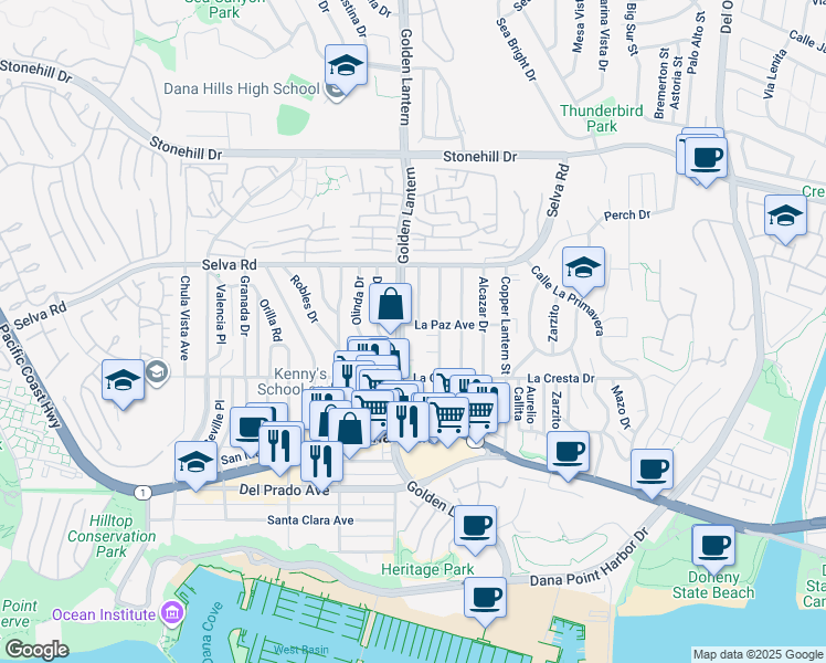 map of restaurants, bars, coffee shops, grocery stores, and more near 24762 La Paz Avenue in Dana Point