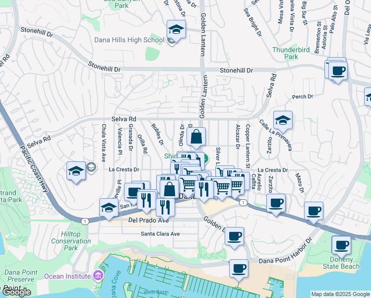 map of restaurants, bars, coffee shops, grocery stores, and more near 33861 Diana Drive in Dana Point