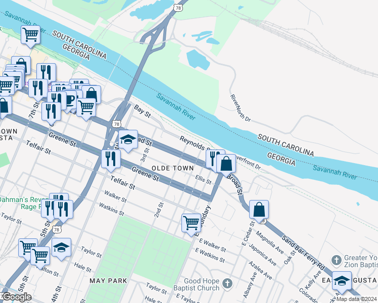 map of restaurants, bars, coffee shops, grocery stores, and more near 102 2nd Street in Augusta