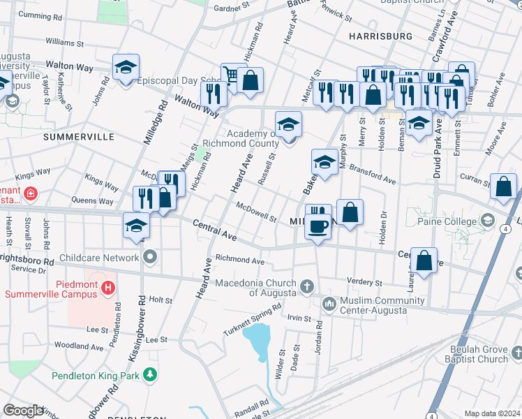 map of restaurants, bars, coffee shops, grocery stores, and more near 1007 Adrian Street in Augusta