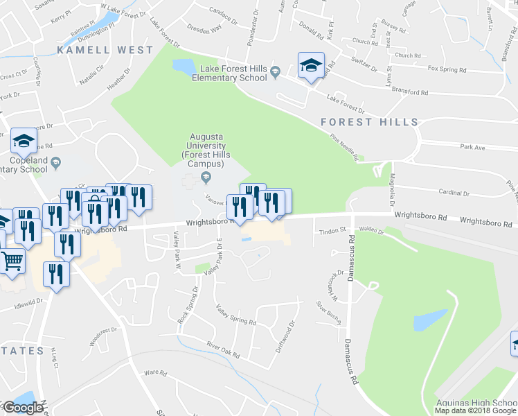 map of restaurants, bars, coffee shops, grocery stores, and more near 3105 Wrightsboro Road in Augusta