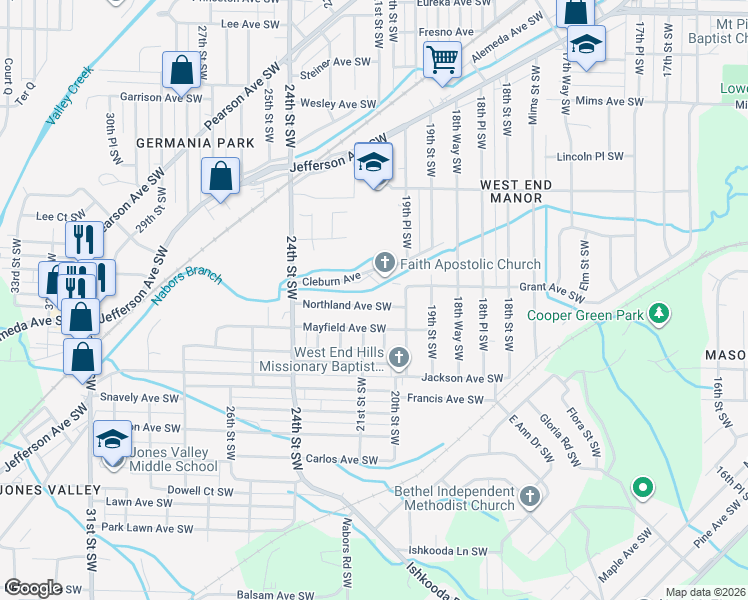 map of restaurants, bars, coffee shops, grocery stores, and more near 2028 Northland Avenue Southwest in Birmingham