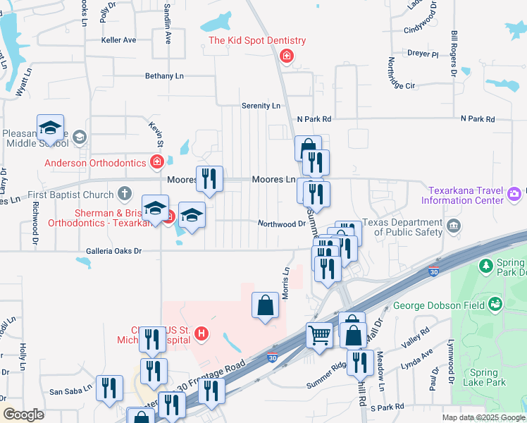 map of restaurants, bars, coffee shops, grocery stores, and more near 19 Fernwood Drive in Texarkana