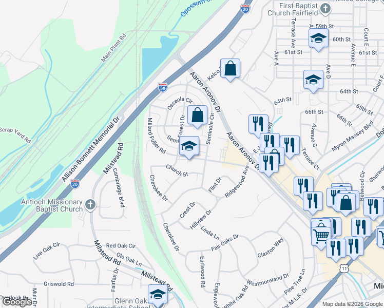 map of restaurants, bars, coffee shops, grocery stores, and more near 520 Seminole Drive in Fairfield