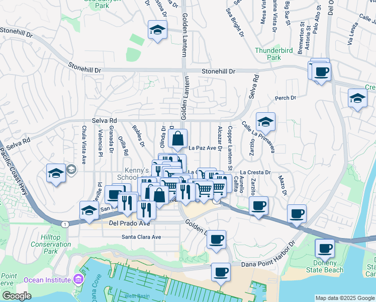 map of restaurants, bars, coffee shops, grocery stores, and more near 24762 La Paz Avenue in Dana Point