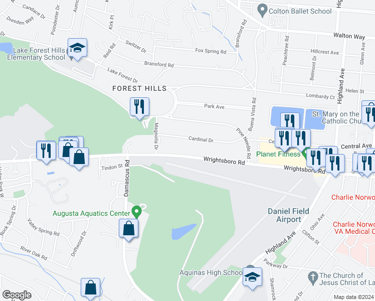 map of restaurants, bars, coffee shops, grocery stores, and more near 3037 Wrightsboro Road in Augusta