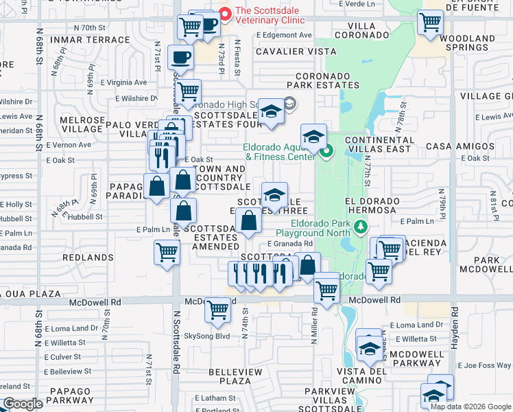 map of restaurants, bars, coffee shops, grocery stores, and more near 7416 East Holly Street in Scottsdale