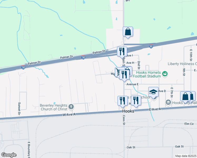 map of restaurants, bars, coffee shops, grocery stores, and more near 1 Wilder Place in Hooks