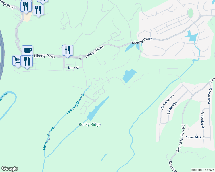 map of restaurants, bars, coffee shops, grocery stores, and more near 1218 Liberty Park Loop in Vestavia Hills