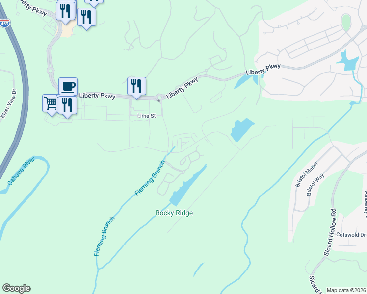 map of restaurants, bars, coffee shops, grocery stores, and more near 1004 Liberty Park Loop in Vestavia Hills
