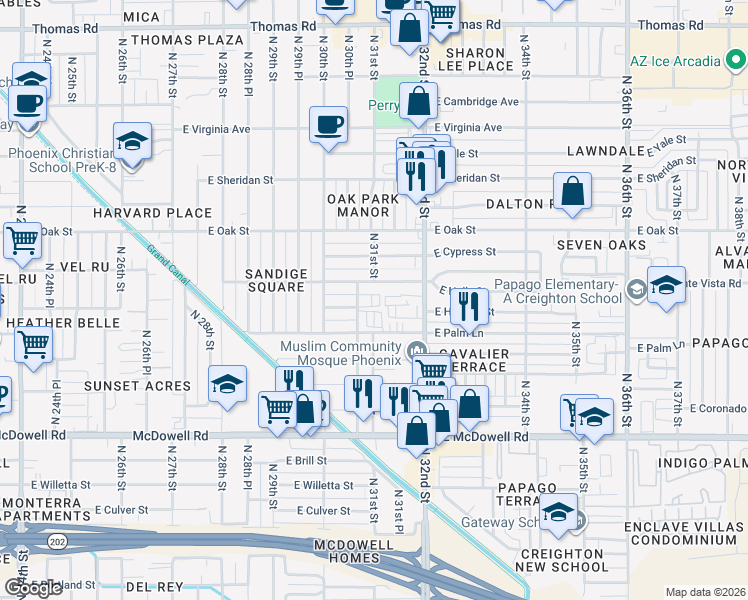 map of restaurants, bars, coffee shops, grocery stores, and more near 3101 East Monte Vista Road in Phoenix
