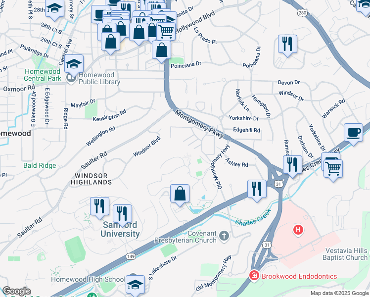 map of restaurants, bars, coffee shops, grocery stores, and more near 3800 Ridgeway Drive in Birmingham