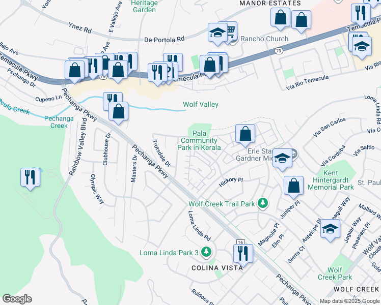 map of restaurants, bars, coffee shops, grocery stores, and more near 45253 Via Vela in Temecula