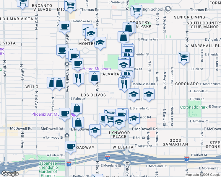 map of restaurants, bars, coffee shops, grocery stores, and more near 341 East Monte Vista Road in Phoenix