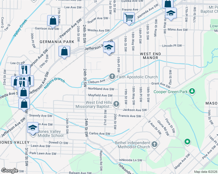 map of restaurants, bars, coffee shops, grocery stores, and more near 2028 Northland Avenue Southwest in Birmingham