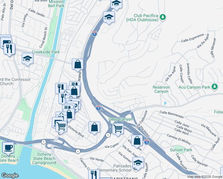 map of restaurants, bars, coffee shops, grocery stores, and more near 26336 Paseo Lluvia in San Juan Capistrano