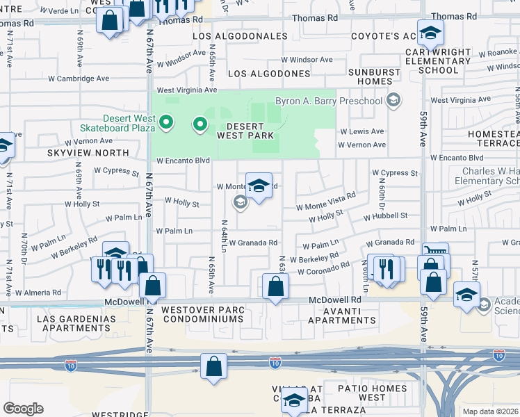 map of restaurants, bars, coffee shops, grocery stores, and more near 2043 North 64th Drive in Phoenix