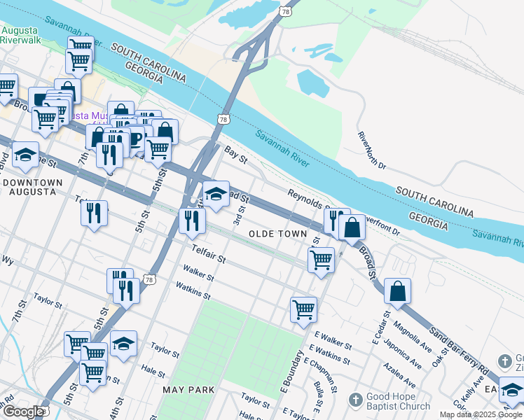 map of restaurants, bars, coffee shops, grocery stores, and more near 238 Broad Street in Augusta