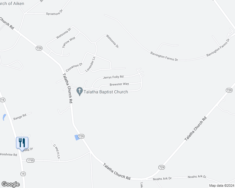 map of restaurants, bars, coffee shops, grocery stores, and more near 694 Crossroads Park Drive in Aiken