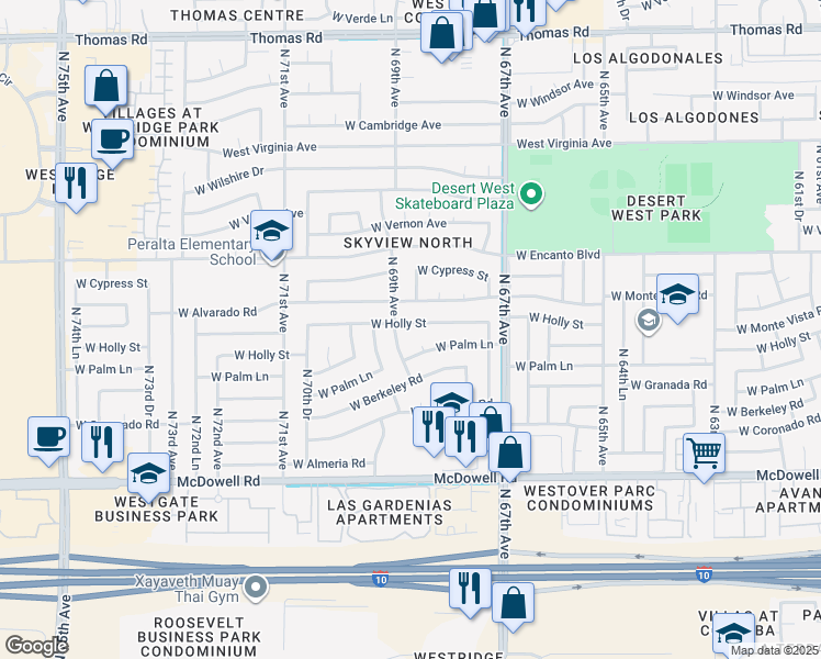map of restaurants, bars, coffee shops, grocery stores, and more near 6848 West Holly Street in Phoenix