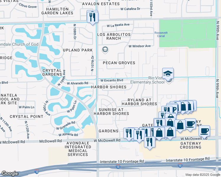 map of restaurants, bars, coffee shops, grocery stores, and more near 10633 West Alvarado Road in Avondale