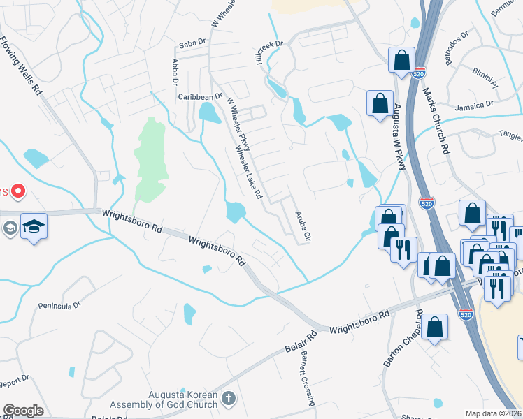 map of restaurants, bars, coffee shops, grocery stores, and more near 5130 Wheeler Lake Road in Augusta