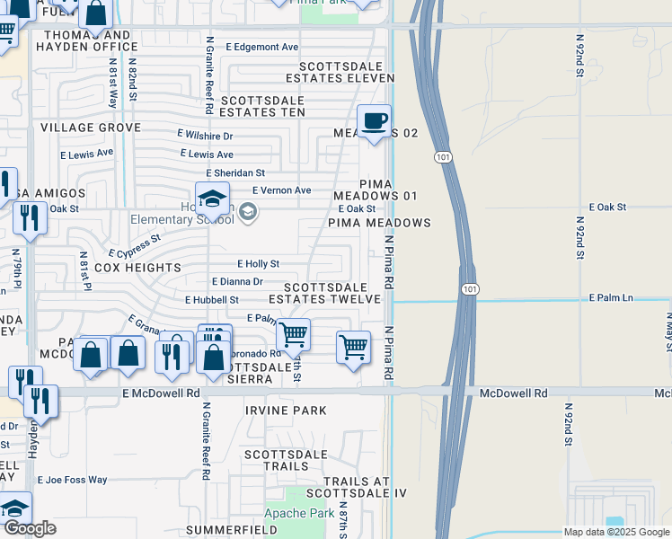 map of restaurants, bars, coffee shops, grocery stores, and more near 2202 North 87th Place in Scottsdale