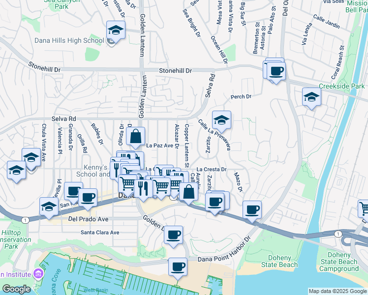 map of restaurants, bars, coffee shops, grocery stores, and more near 33871 Copper Lantern Street in Dana Point