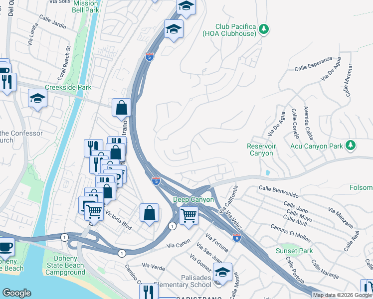 map of restaurants, bars, coffee shops, grocery stores, and more near 26378 Paseo Lluvia in San Juan Capistrano