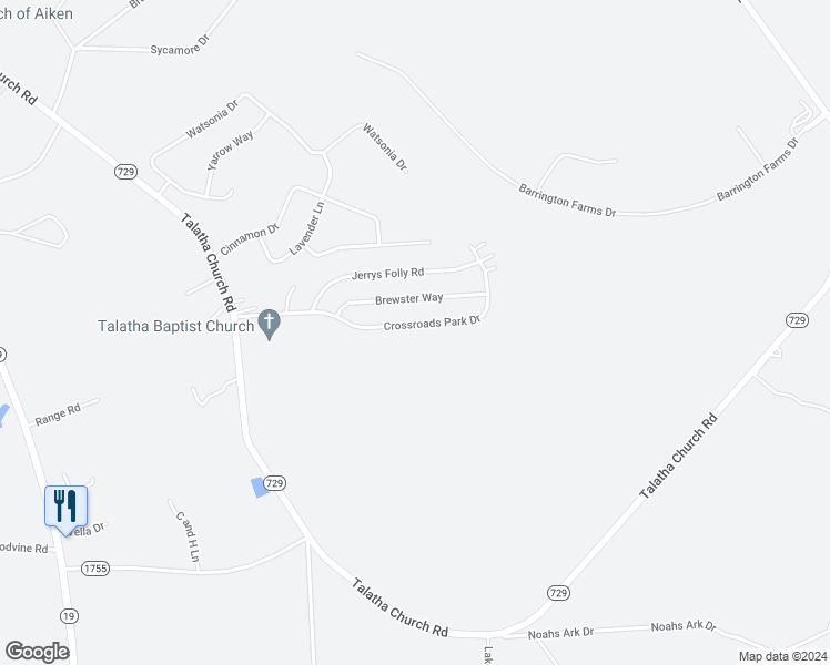 map of restaurants, bars, coffee shops, grocery stores, and more near 708 Crossroads Park Drive in Aiken