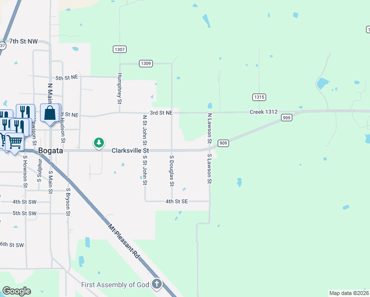map of restaurants, bars, coffee shops, grocery stores, and more near 711 Clarksville Street in Bogata