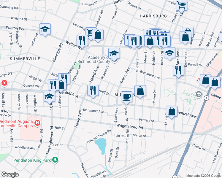 map of restaurants, bars, coffee shops, grocery stores, and more near 1007 Adrian Street in Augusta