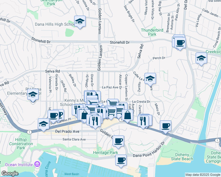 map of restaurants, bars, coffee shops, grocery stores, and more near 33872 Silver Lantern Street in Dana Point
